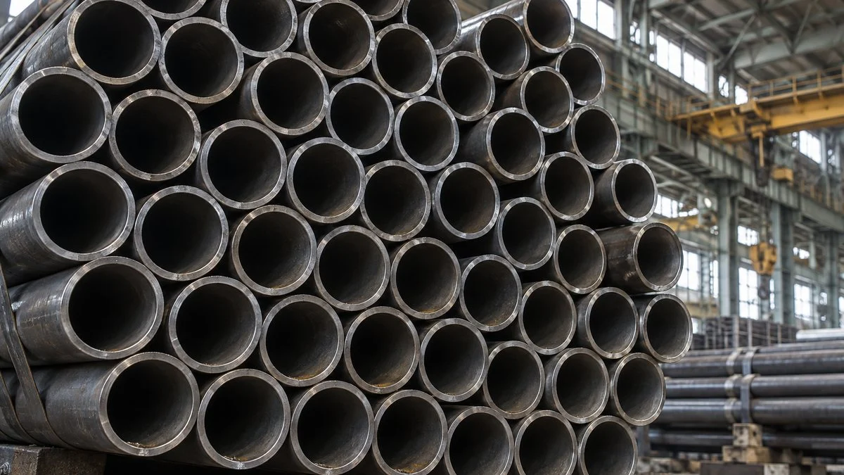 製管工場の倉庫に積まれた鋼管の束を管端の側から見た様子