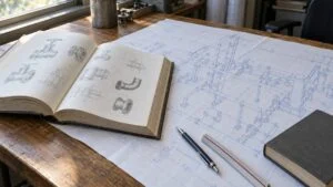 設計事務所の机に開いた技術書と配管のアイソメ図面