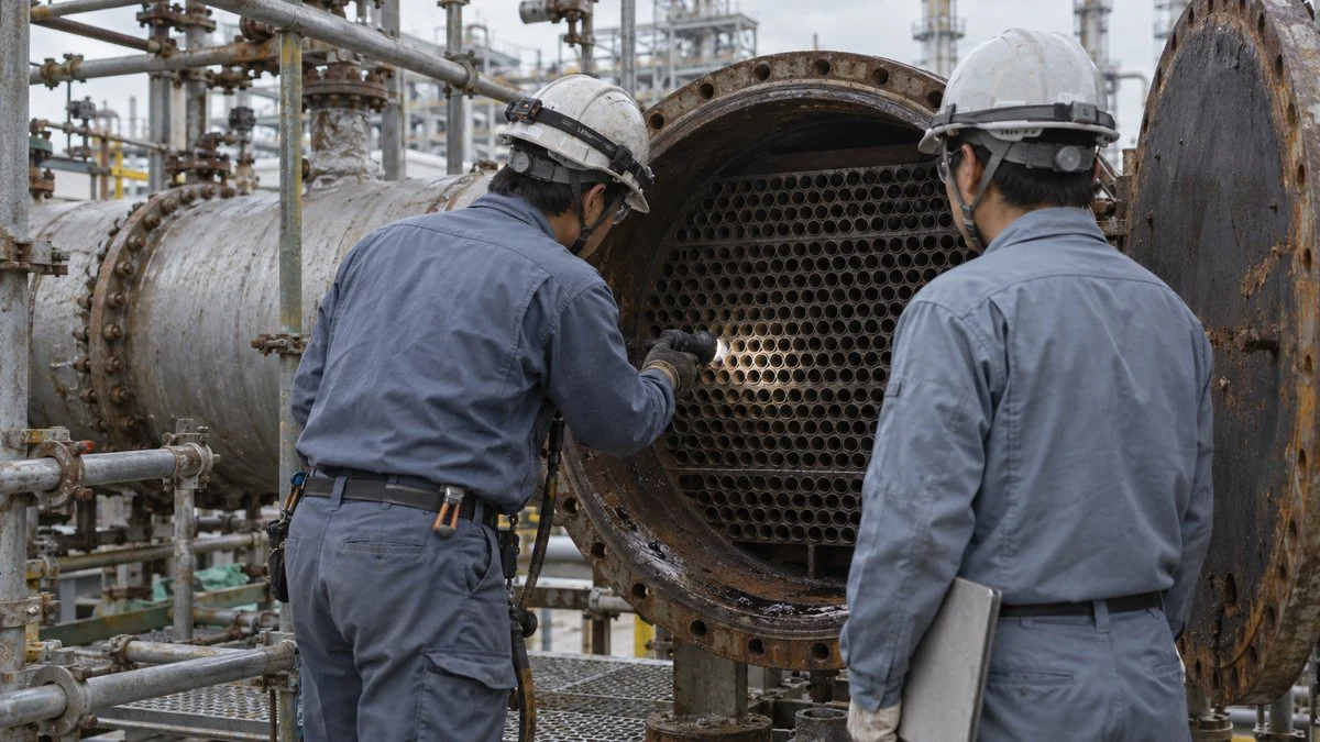 定期修理で開放した熱交換器の管束を点検する作業員