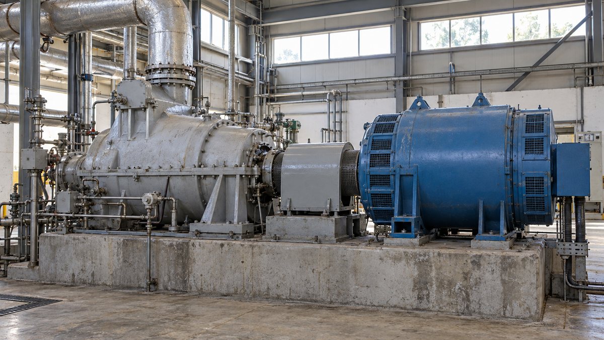 蒸気タービンと同期発電機を連結した発電設備のイメージ