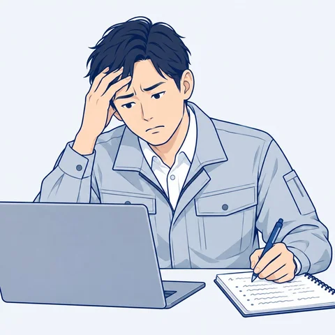打合せのあと、メモを見ながら議事録を書く技術者