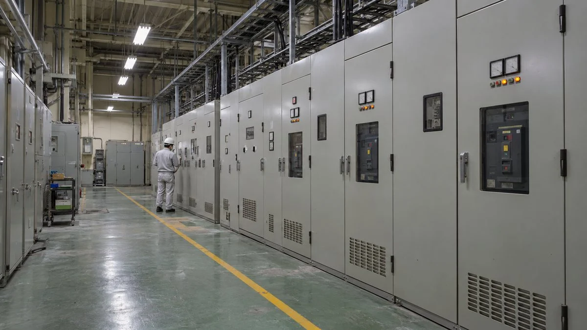 工場の電気室に並ぶ高圧受電盤