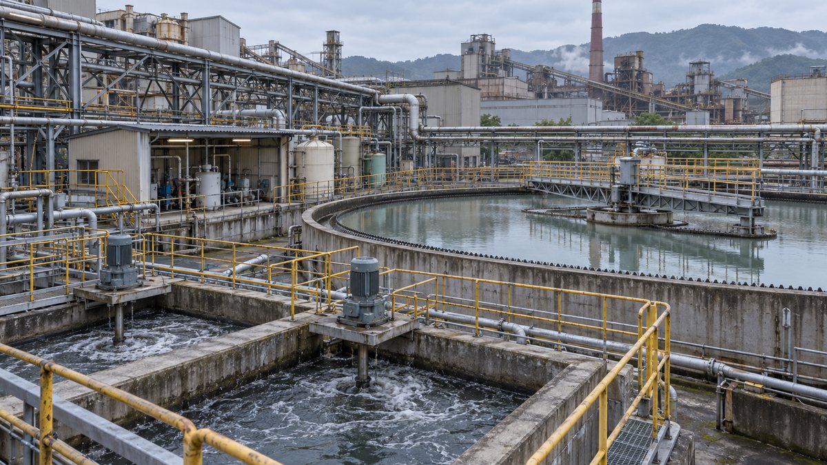 撹拌機付きの反応槽と円形の沈殿槽が並ぶ製錬所の排水処理設備