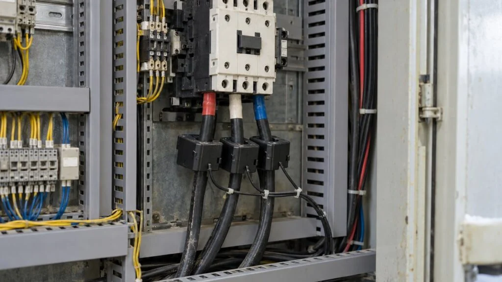制御盤内の動力ケーブルに付けたクランプ式電流センサー
