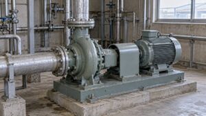 工場の横軸渦巻ポンプと電動機・接続配管