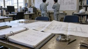 購買仕様書と機器図面、フランジを確認する設計事務所のイメージ