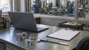 ノートPCとノギス、加工部品、検査記録用紙が並ぶ工場事務所の机