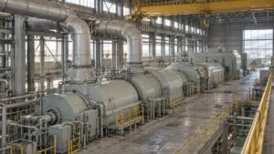 火力発電所のタービン建屋に並ぶ蒸気タービンと発電機