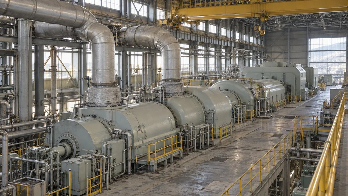 火力発電所のタービン建屋に並ぶ蒸気タービンと発電機