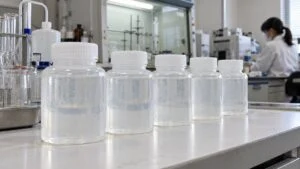 品質管理ラボの台に並ぶ透明な薬液入りの樹脂ボトル