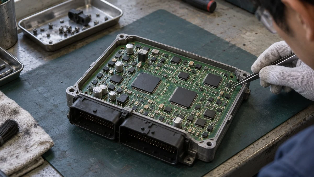 マイコンなどの半導体が並ぶ車載電子制御ユニットの基板