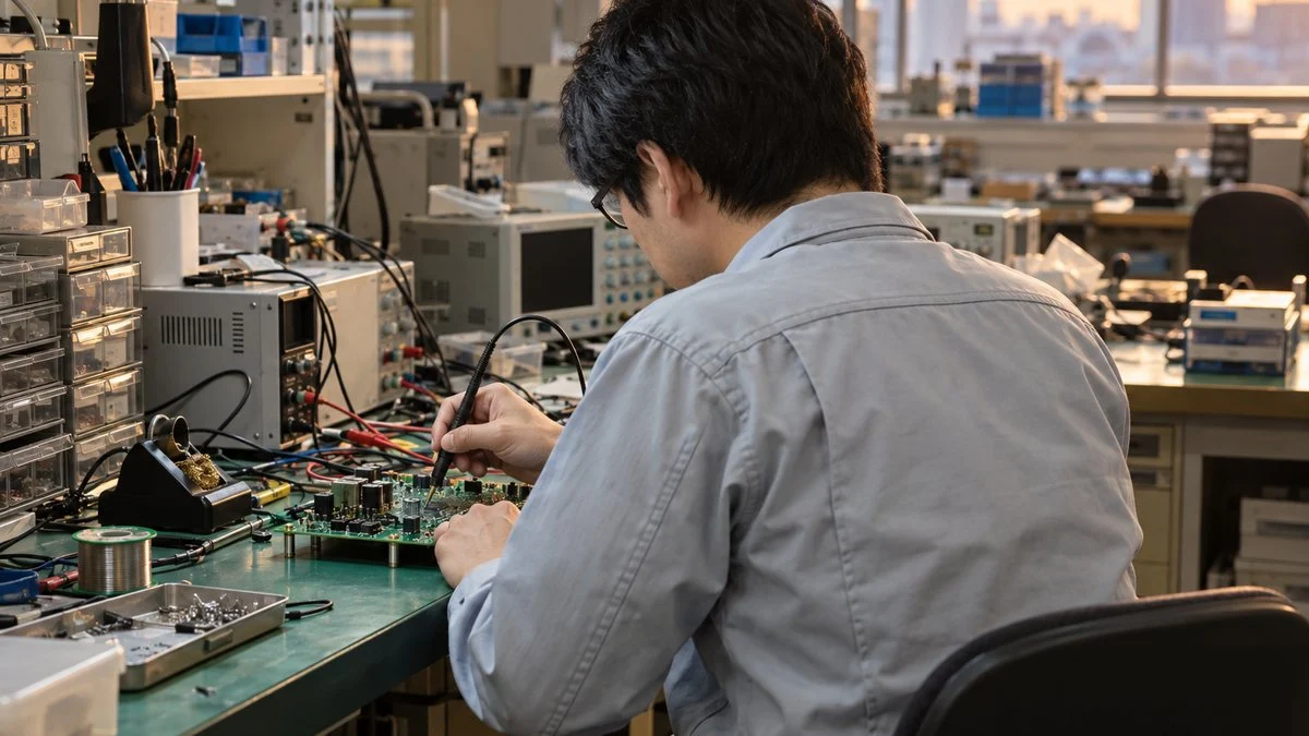 評価ボードにプローブを当てて動作を確認する技術者
