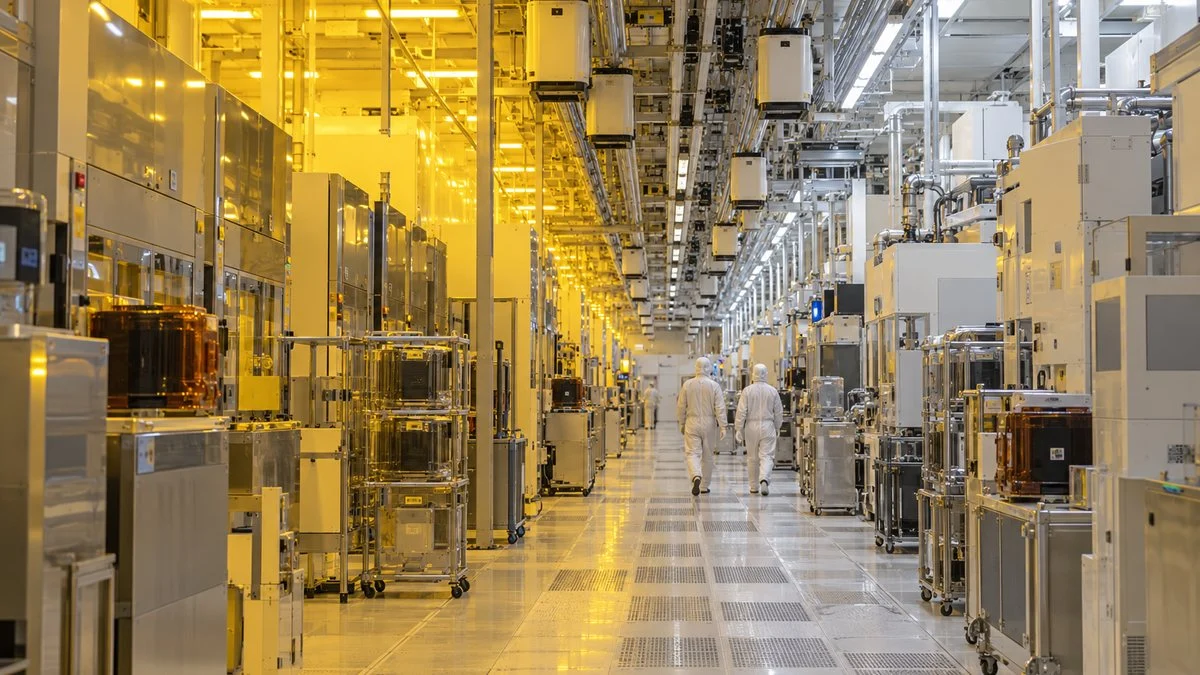 半導体工場のクリーンルームを歩く作業者と製造装置の列