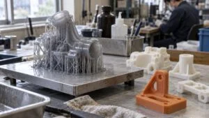 作業台に並ぶ樹脂3Dプリンターの造形品とサポート付きの試作部品