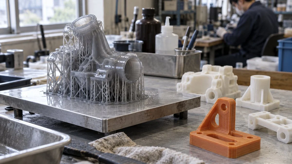 作業台に並ぶ樹脂3Dプリンターの造形品とサポート付きの試作部品
