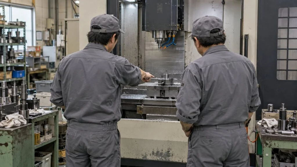 マシニングセンタの前で加工方法を相談する作業者の後ろ姿