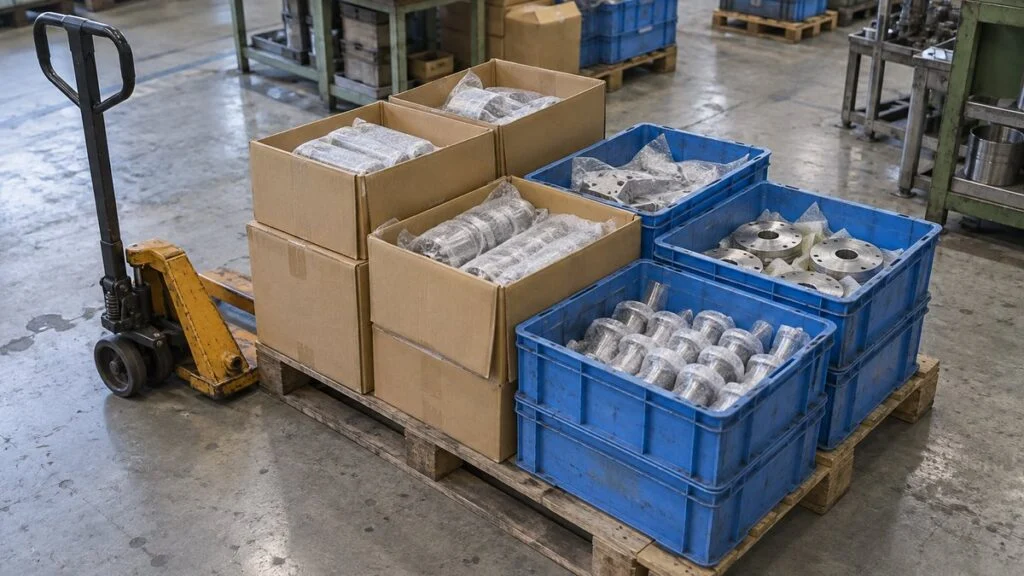 出荷場のパレットに並ぶ段ボール箱と通い箱