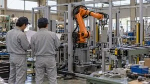 組立途中のロボットセルの前で図面を確認する技術者2人