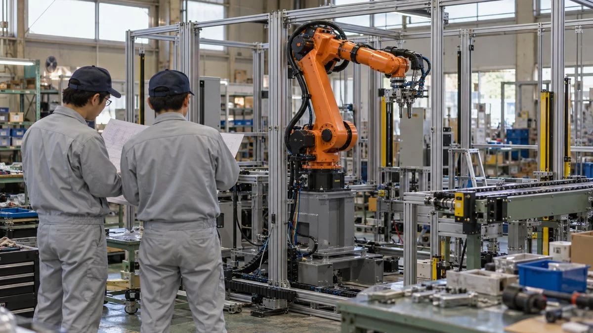 組立途中のロボットセルの前で図面を確認する技術者2人