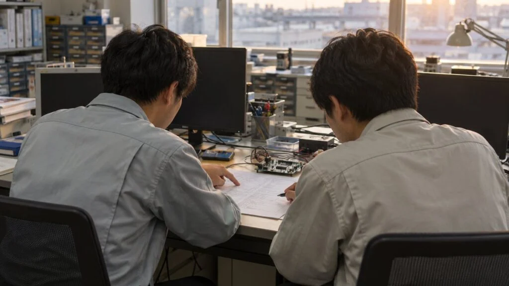 印刷したコードを見ながら相談する2人の組込み技術者の後ろ姿
