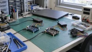 2種類のマイコン評価ボードとデバッグプローブが並ぶ組込み開発の机