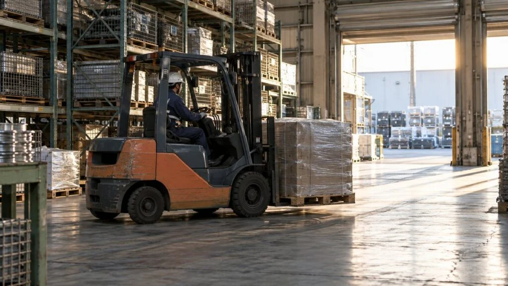 工場倉庫でパレット積みの荷物を運ぶフォークリフト