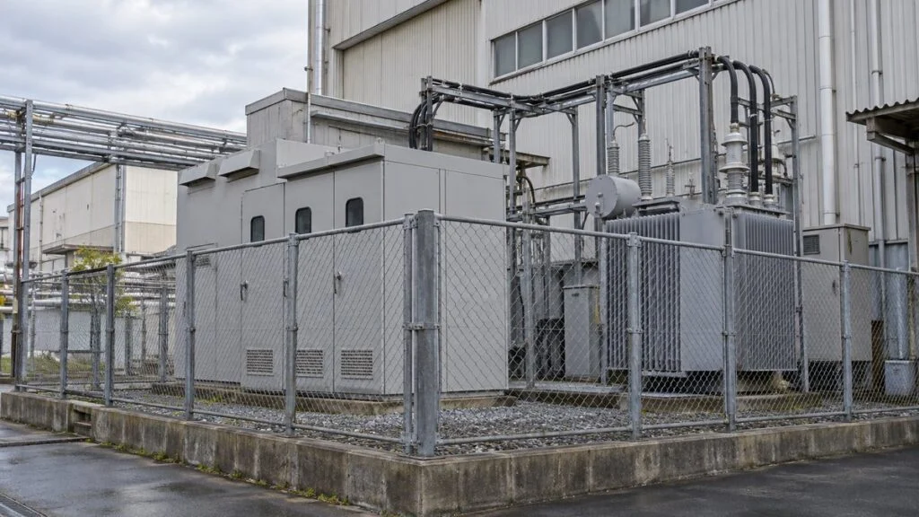 工場建屋の横に設けられた受変電設備と変圧器