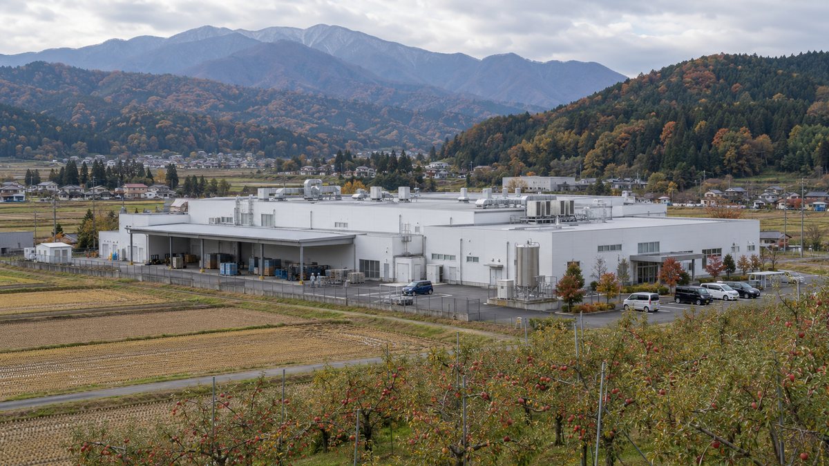 山あいの田園地帯に立つ電子部品工場の全景