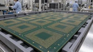 トレイに並ぶ半導体パッケージ基板のパネル