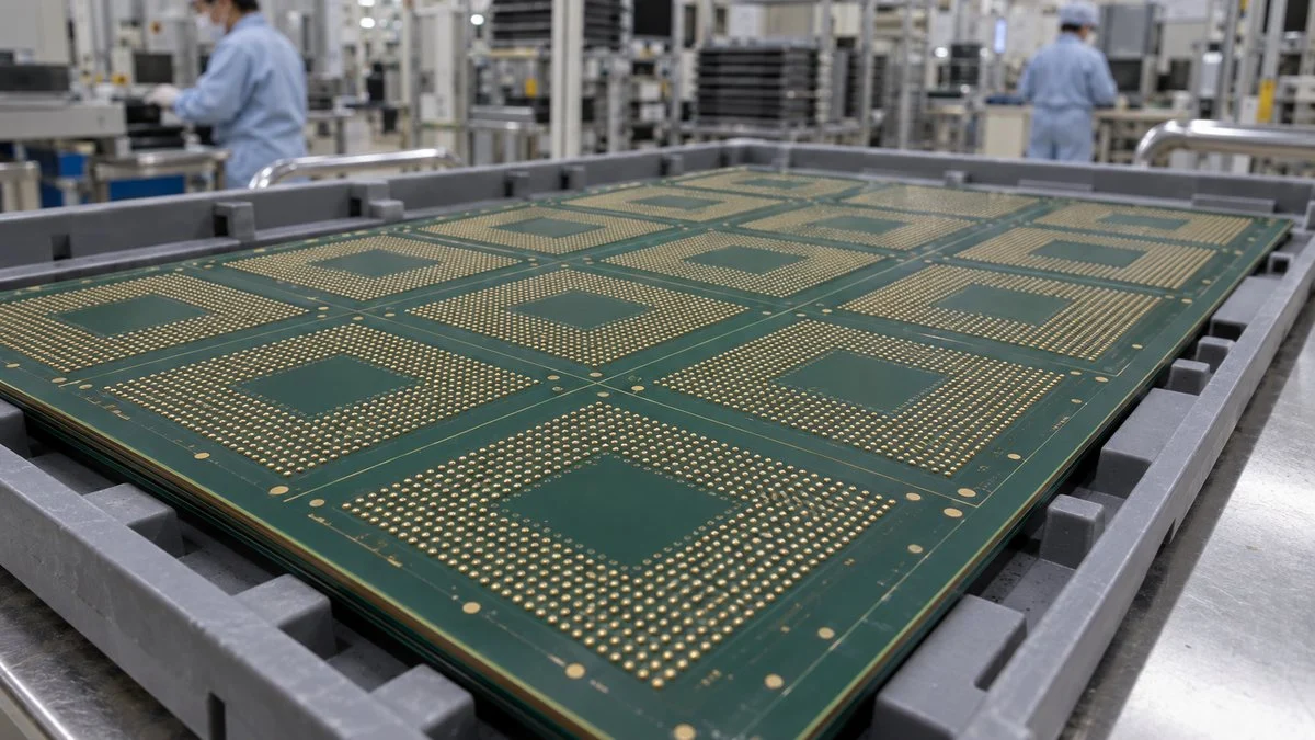 トレイに並ぶ半導体パッケージ基板のパネル
