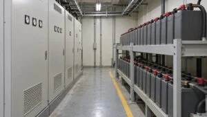 電気室に並ぶ直流電源装置の盤と鉛蓄電池の架台