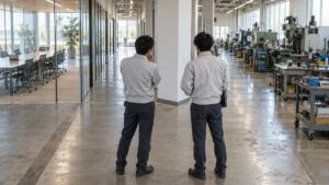 会議室と試作工場に分かれる通路に立つ技術者2人の後ろ姿