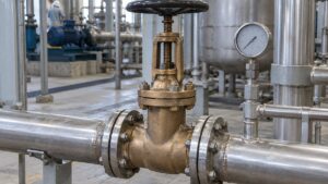 工場の給水配管に取り付けた青銅製ゲートバルブの構造イメージ
