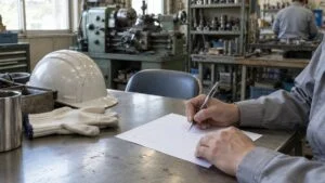 小さな工場の休憩スペースで紙の調査票に記入する作業服の手元