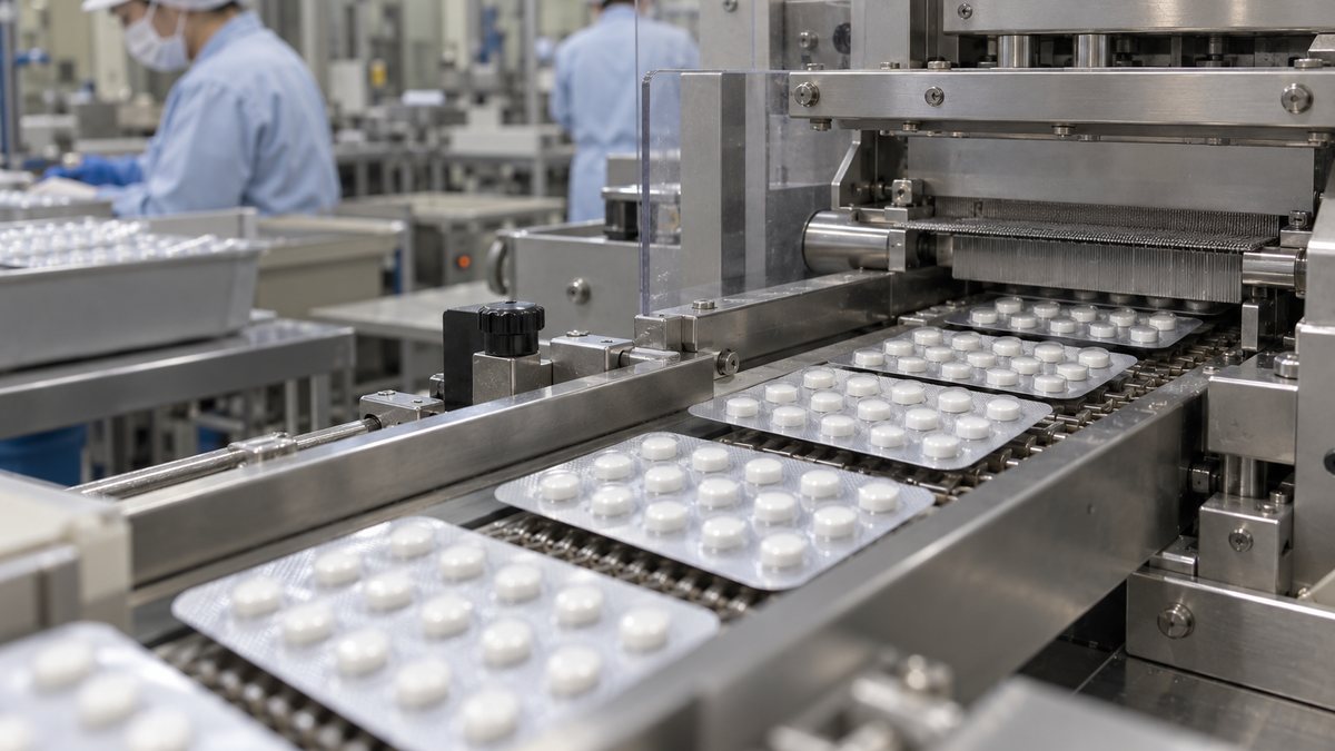 包装機のコンベヤーを流れる錠剤入りのPTP包装シート