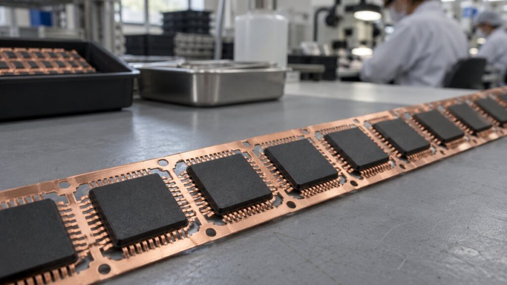 リードフレーム上に並ぶ黒い樹脂で封止された半導体パッケージ