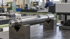 旋削した鋼の軸に触針式の表面粗さ測定機の検出器を当てた接写