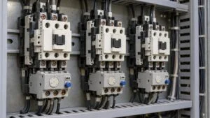 制御盤に並ぶ電磁接触器と下に付いたサーマルリレー