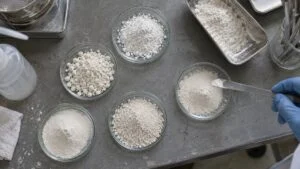 粒の大きさが異なる白いセラミックス粉末を並べた検査台