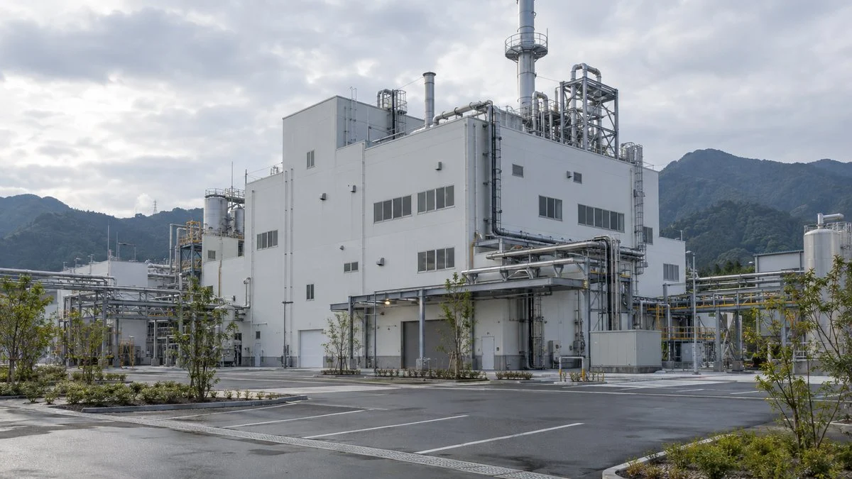 工業団地に建つ新しい化学品の製造棟の外観