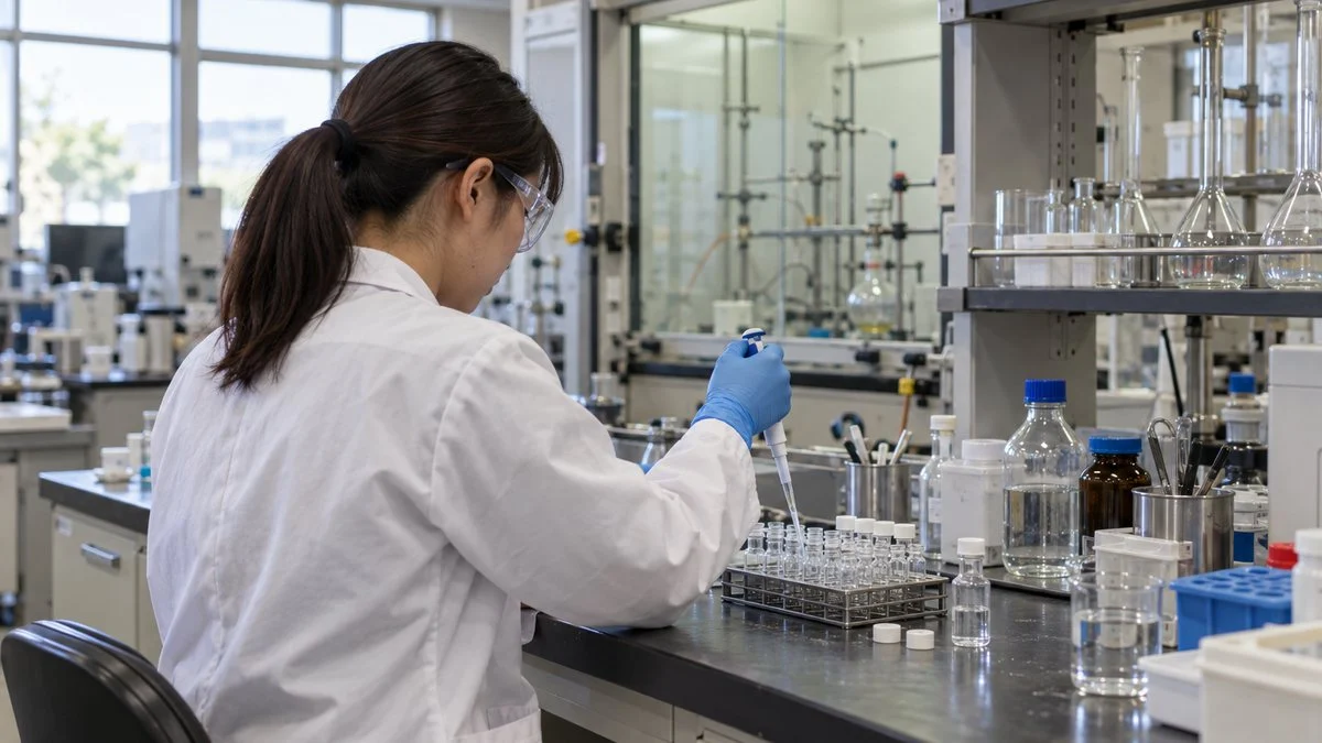 研究所の実験台で薬液を小瓶に分注する研究者