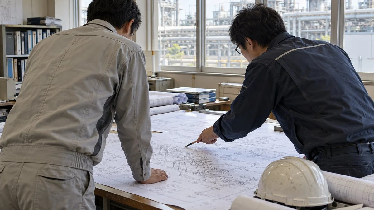 配管図面を広げて確認するプラントエンジニア