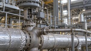 発電所の保温された蒸気配管に付いた減温減圧弁と空気式アクチュエータ