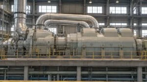 発電所のタービン建屋で運転床に据わる蒸気タービンと上を渡る配管
