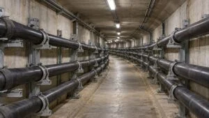 地下のコンクリート洞道で支持金具へ固定した電力ケーブル