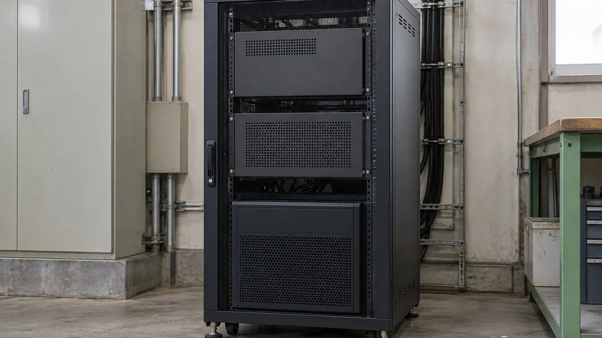 UPSと情報機器を収めた工場内ラックの外観を表す生成イメージ