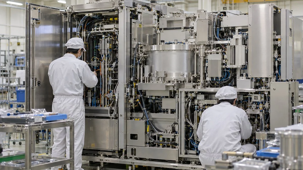 組立中の半導体製造装置を作業する技術者の後ろ姿