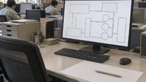 設計事務所の机のモニターに映る設備の配置図