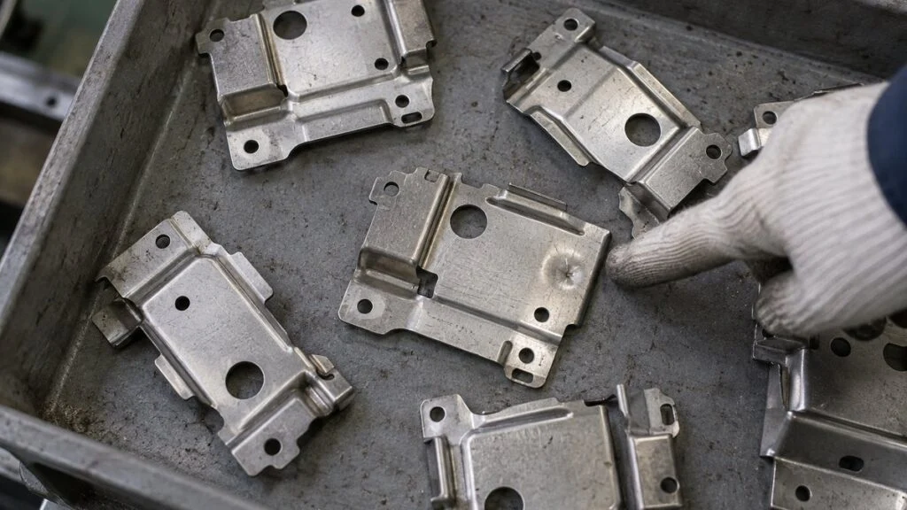 キズや打痕のある金属部品を並べた検査用トレイ