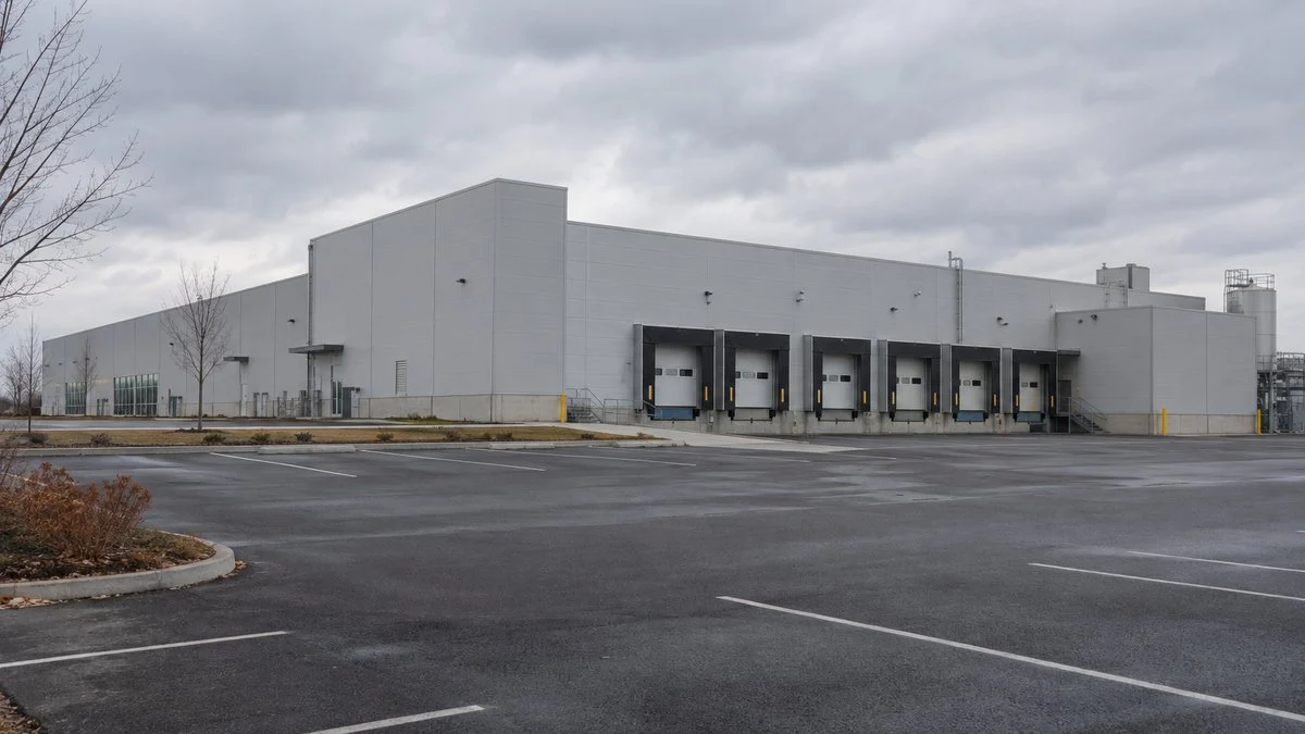 米国中西部の工業団地に建つ平屋の食品工場と空の駐車場